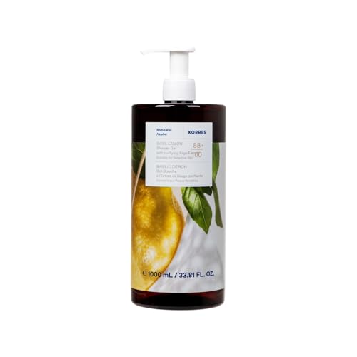 KORRES BASIL LEMON - Gel doccia con estratto di salvia, con delizioso profumo di basilico fresco e accordo di agrumi, dermatologicamente testato, vegano, silicone e parabeni, 1 l