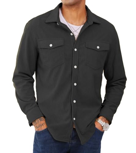 EKLENTSON Men's Corduroy Jackets Button Up Shirt Long Sleeve Ribbed Shacket Lightweight Shirt Jacket with Chest Pockets