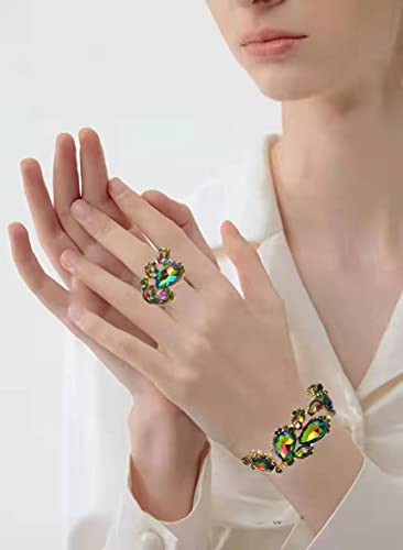 Qyj Women’s Wedding Bridal Austrian Crystal Glass Teardrop Statement Necklace Dangle Earrings Bracelet Ring Wedding Party Jewelry Set For Bridal Bridesmaid (Rainbow-Gold Plated) #TOP3