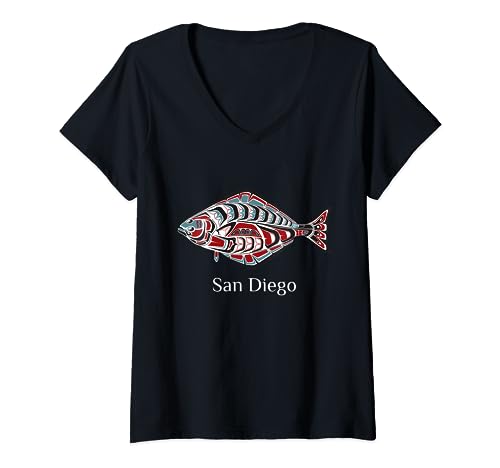 San Diego California Halibut Nativo Americano Indio Pescadores Camiseta Cuello V