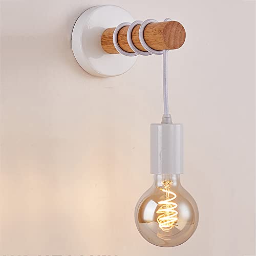 Applique Vintage in Legno, Lampada da Parete Industriale Retrò con Base Rotonda in Metallo, Lampada a Muro a Sospensione Nera per Interni E27 per Camera da Letto, Soggiorno. (Bianco)