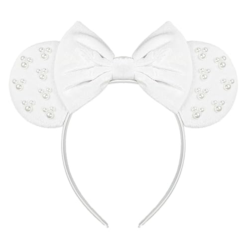 JIAHANG White Velvet Mouse Ears Hair Bow Headband with Pearls, Party Decoration Beadings Headwear for Women Girls(velvet white 04)