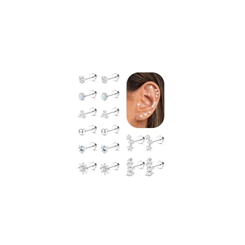 LOYALLOOK Hypoallergenic Flat Back Earrings Silver Plated Cartilage Earring Stacks Surgical Stainless Steel Earrings For Sensitive Ears Women Helix Conch Tragus Piercing Jewelry Flatback Stud Earring Set