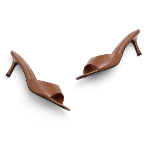 Image of Shoe Land Women's Low Heels Stiletto Heeled Slides, Open Toe One Band Slip-On Heeled Mules - Dressy Heeled Sandals for Prom, Party Wedding and Vacation