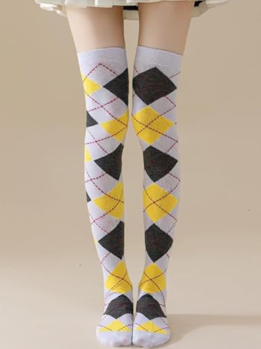 Image of YELAIVP Women Knee High Socks Check Pattern Over the knee Socks Casual Fashion Tight high sock for School Cosplay Daily Wear
