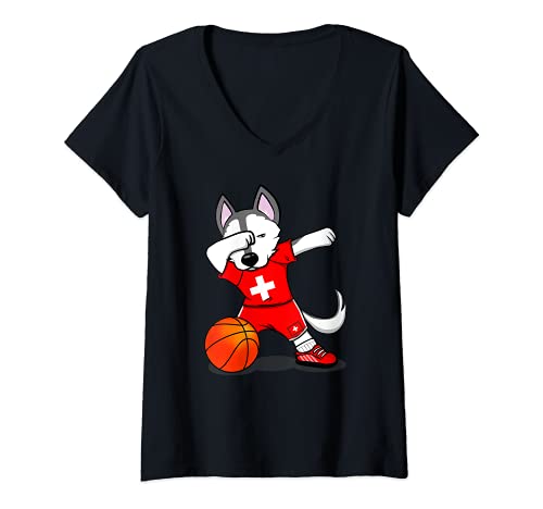 Womens Dabbing Husky Switzerland Basketball Fans Jersey Swiss Flag V-Neck T-Shirt, Black