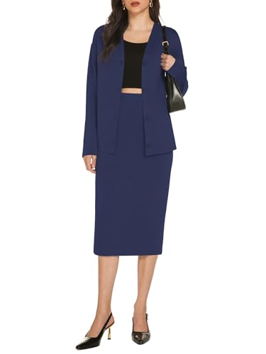 Casly Lamiit Womens 2 Piece Skirt Sets Fall Dressy Casual Outfits Knee Length Skirts Dress Business Travel Cardigans Lounge Suit Set Navy Blue XS