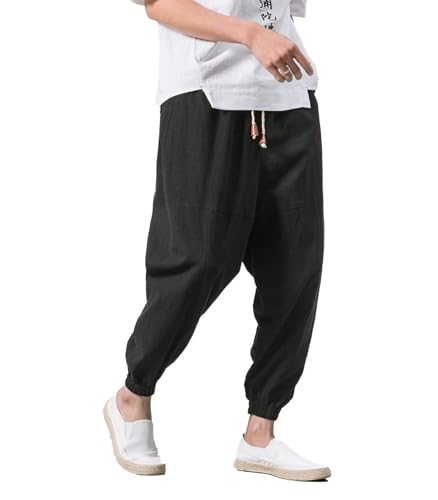 INVACHI Men's Baggy Harem Pants Japanese Linen Sweatpants Elastic Waist Hip Hop Joggers for Men