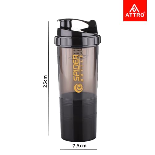 ATTRO Plastic Spider Shaker Bottle with Storage 300ml Protein Mixer Bottle with Compartment for Supplements, BPA-Free, Leakproof Gym Shaker Cup, Ideal for Workout, Gym, Travel Black - Image 3 thumbnail