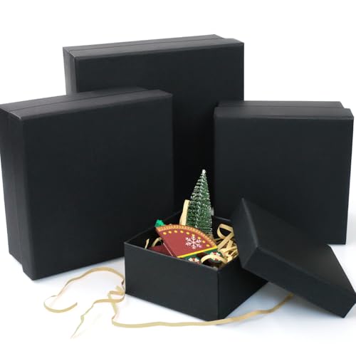Dncvb 4 Stück Geschenkbox mit Deckel Schwarze Geschenkbox 4 Verschiedene Größen, Groß und Klein, Geschenkkarton Für Geburtstag, Blumen, Weihnachten, Hochzeit