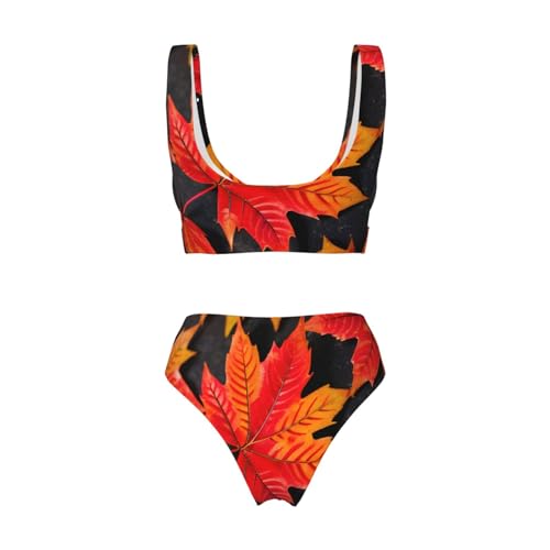 Maillot de bain gainant 2 pièces de haute qualité imprimé feuilles rouges