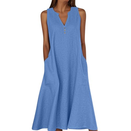 Summer Dresses for Women Cotton Linen V Neck Button Sleeveless Dress Casual Solid Maxi Loose Fit Beach Sundress with Pockets Holiday Dresses for Women UK mini Blue XL
