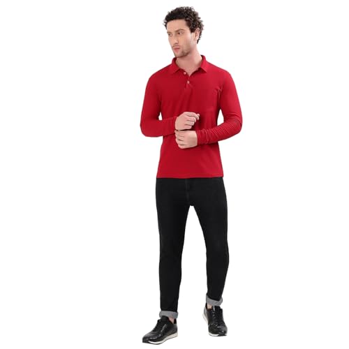 Image of Men's Full Sleeve Collared Soild Color Casual Regular Fit T-Shirt
