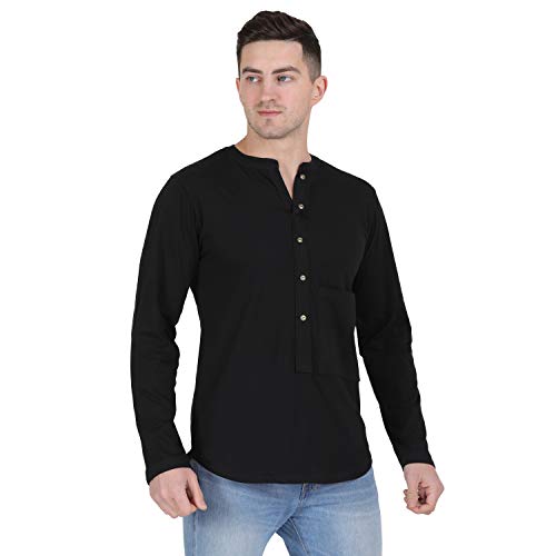 Image of Men Black Henley Neck Cotton Full Sleeve T-Shirt