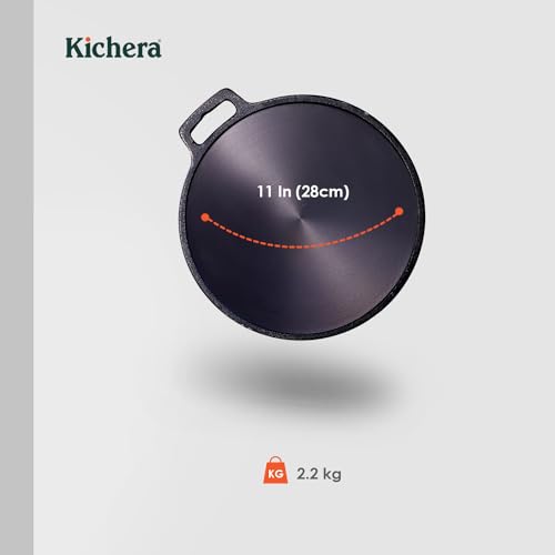 Image of Kichera Pre Seasoned Single Handle Cast Iron DosaTawa | Roti Pan 11 Inch | Non-Stick Cookware for Perfect Dosa & Roti 28cm Diameter, 2.1kg | Induction Friendly | Pure & Toxin-Free
