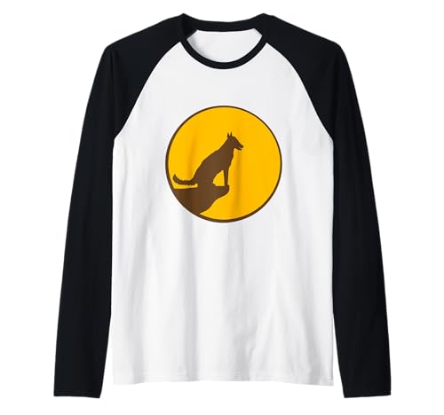 Perro Lobo Acantilado Luna Noche Sol Silueta Montaña Amanecer Camiseta Manga Raglan