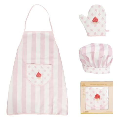 WOODENFUN Kinder Schürze Kochmütze Set Chef-Set für Kinder Kinderschürze Kochschürze mit Taschen, Backkochhut Gummiband, Sternenmuster Kochhandschuhe, Kinderrollenspiel