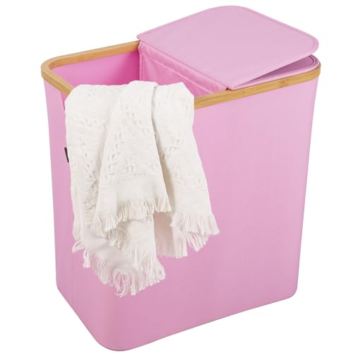 Vencier Extra-Large Bamboo Laundry Hamper with Lid - 88 L Capacity - Spacious Laundry Basket for Bedrooms and Bathrooms - Convenient Handles (Pink)