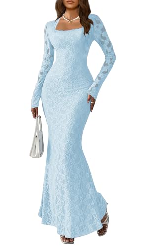 MITILLY Formal Wedding Guest Dress Long Sleeve Evening Gown, Blue, S