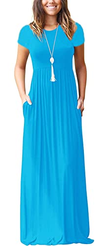 GRECERELLE Damen Maxikleid Damen Sommer Casual Kurzarm Lange Kleider mit Tasche für Alltag, Urlaub, Reisen, Umstandsmode (Nilblau, XXL), 10 Nilblau, XX-Large Cover