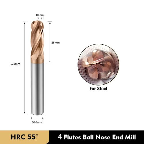 Image of Carbide Ball Nose End Mills-4 Flute TISIN Coated,for Milling Alloy Steels, Hardened Steel, Metal etc.1 Pcs R5x75mm