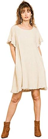 Umgee Women's Short Ruffle Sleeve A-line Dress (1X, Oatmeal)