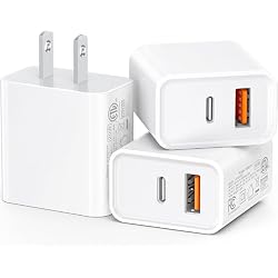 [3 Pack] 20W USB C Charger Block Fast Type C Dual Ports Power Adapter | ETL Listed USB-C PD+QC USB-A Multiport Wall Plug Travel Charging Brick for iPhone 17/16/15/14-11 Pro/Max/iPad,Galaxy and More