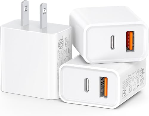 3-Pack USB C Wall Charger 20W Durable Dual Port QC+PD 3.0 Power Adapter ETL Certified Type C Fast Charging Block for iPhone 14/15/16/17 Pro/Pro Max/Plus/iPad Pro Samsung and More White
