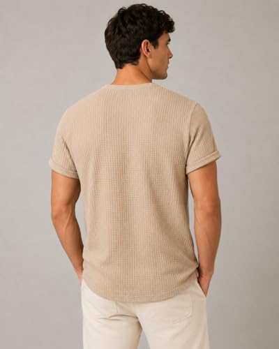 Image of London Hills Men's Waffle Textured T-Shirt | Solid Regular Fit Round Neck Half Sleeve Casual Wear Tee | Soft, Breathable & Lightweight Fabric