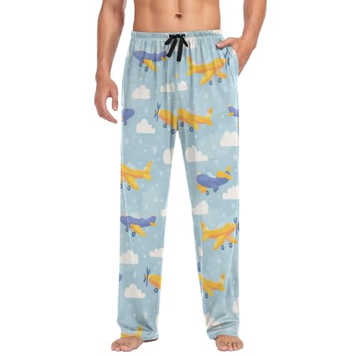 Vdsrup Men's Pajama Pants Airplane Blue Pajama Pants for Men PJs Bottoms Drawstring Pockets Cartoon Sleep Lounge Pants S3