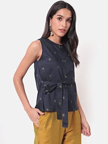 Image of SAAKI by Samantha Ruth Prabhu Nohreen Viscose Blue Sleeveless Top for Women and Girls