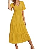 Vaiaye Women's 2023 Summer Boho Midi Dress Casual V Neck Short Sleeve Flowy Ruffle Tiered High Waist