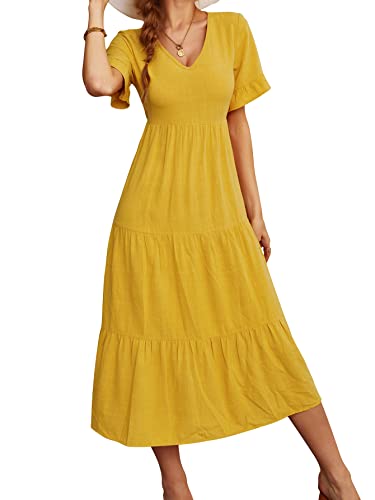 Vaiaye Women's 2023 Summer Boho Midi Dress Casual V Neck Short Sleeve Flowy Ruffle Tiered High Waist Beach Long Dresses Yellow #TOP4