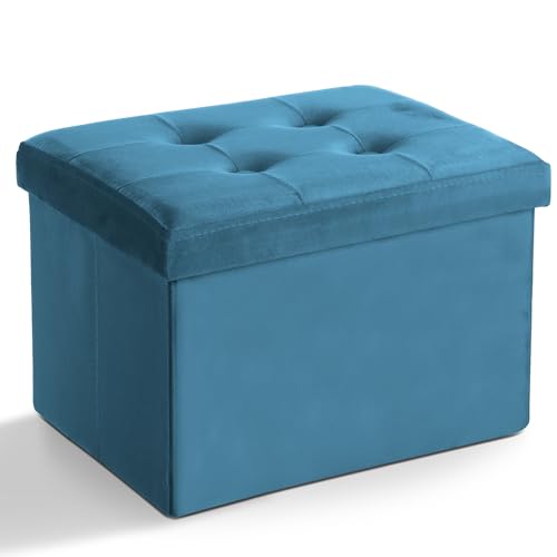 LINMAGCO Storage Ottoman Folding Foot Stool Velvet Foot Rest with Padded Modern Ottoman with Storage for Living Room Puppy Step Stool 17x13x13in(Blue) by LINMAGCO - Used condition - US$24.20