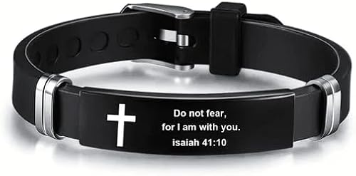Christian Bracelet, Black Silicone Band with Cross, Isaiah 41:10 Bible Verse, Adjustable Religious Wristband
