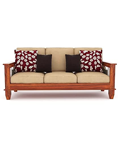 Image of Solid Sheesham Wood Sofa Set 3 Seater with 40 Density Cushions for Living Room, Bedroom, Office, Hotel & Lounge (Standard, Teak Light Brown Finish)