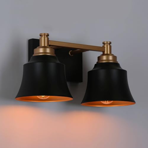 Image of KSANA Bathroom Light Fixtures, 2 Light Black and Gold Powder Room Wall Lights Over Mirror, 14 Inch Modern Farmhouse Metal Vanity Lights