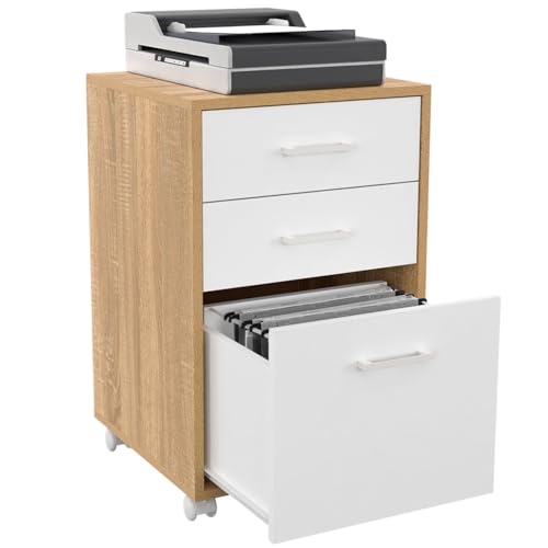 IDMarket - Caisson de Bureau Jon Support imprimante 3 tiroirs Blanc et Bois