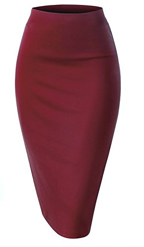 Noble U Women Elastic Waist Band Stretchy Fabric Pencil Skirt (Medium, Burgundy)
