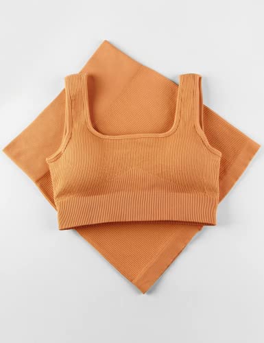 Abociw Yoga Outfits For Women 2 Pieces Ribbed Workout Sets Seamless High Waist Running Biker Shorts And Padded Sport Bra Tank Tops Sets Activewear Tracksuits Gym Clothes Orange Medium #TOP4