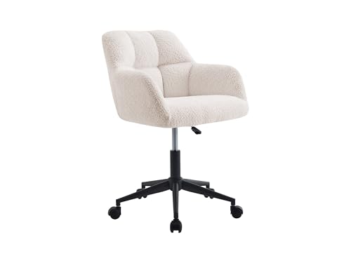 Image of Finch Fox Battle Modern 360 Swivel Mid-Back Armrest Boucle Fabric Study Upholstered Black Metal Powder Coated Base Study Computer Office Desk Chair in Cream Color