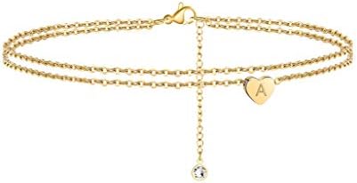 Turandoss Heart Initial Anklet Bracelet for Women, 14K Gold Filled Layered Ankle Bracelet Summer Boho Beach Minimalist Initial Anklet for Women Anklet with Initials A