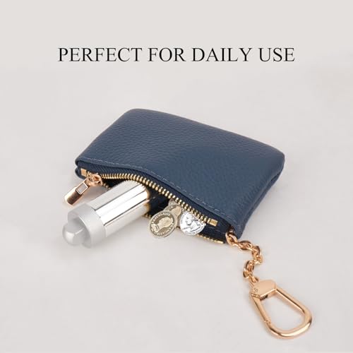 Image of Full Grain Leather Coin Purse with Key Chain - Small Change Purse Keychain Card Holder Keychain Pouch Small Keychain Wallet for Women and Men (Navy Blue), LA-2312