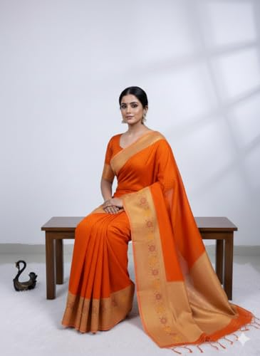 Image of Kanjivaram Silk Saree for Women - Handloom Floral Weaving, Contrast Border, Heavy Gold Zari Rich Pallu, Traditional Designer Wedding & Festive Saree with Blouse Piece