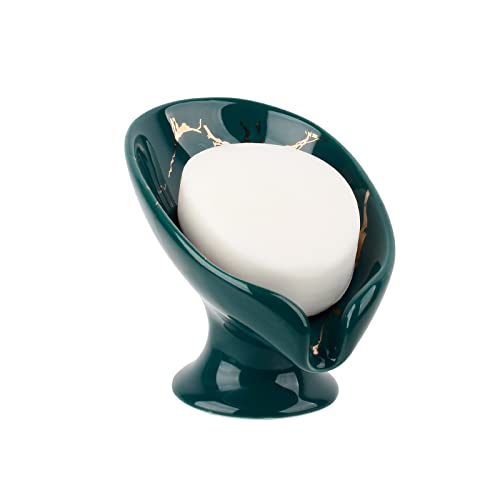 Soap Dish, Ceramic Soap Holder Self Draining Leaf Shape Bar Soap Holder, Marble Look Green Drain Soap Dish Holder for Bathroom, Easy to Clean Keeps Soap Dry, ANTIS'S HOME 1pcs-green