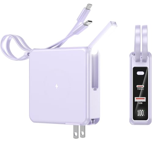 penaover Portable Charger with Built-in Cables&AC Wall Plug, 10000mAh Wireless Charging(No-Magnetic) Power Bank, PD 22.5W Fast Charging USB C Battery Pack for iPhone 16/15/14 Samsung S23 S22 Android