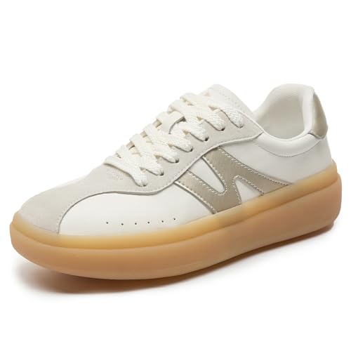 somiliss Sneakers for Women Genuine Leather Suede Upper Non-Slip TPR Outsole Tennis Walking Shoes for Women Fashion Sneakers 6.5 Beige
