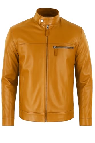 Image of Mdgstar Classic Pure Leather Jacket, Brown, Full-Zip Front with Chest Pocket, (Tan)