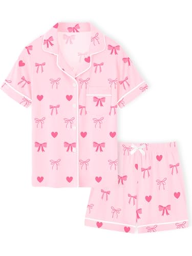LANKMEI 100% Cotton Womens Short Sleeve Pajama Sets, Pink Bow, XX-Large - image 1