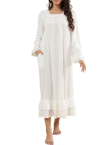 Women's Victorian Nightgown Soft Cotton Sleepwear Long Sleeve Princess Nightdress with Pockets